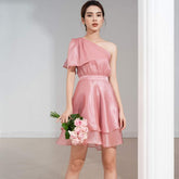 One-Shoulder Layered Mini Dress in Glossy Silk with Flared Hem and Fitted Waist